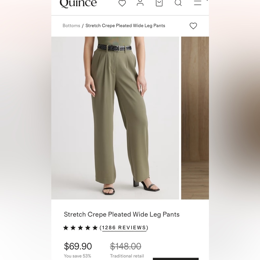 Quince Stretch Crepe Pleated Wide Leg Pant / Olive / 8